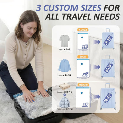 Travel Vacuum Storage Bags with Rechargeable Cordless USB Pump, 15 Combo