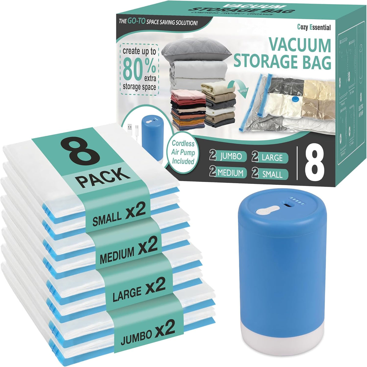 Travel Vacuum Storage Bags with Rechargeable Cordless USB Pump, 15 Combo