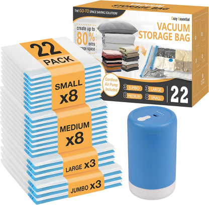 Travel Vacuum Storage Bags with Rechargeable Cordless USB Pump, 15 Combo