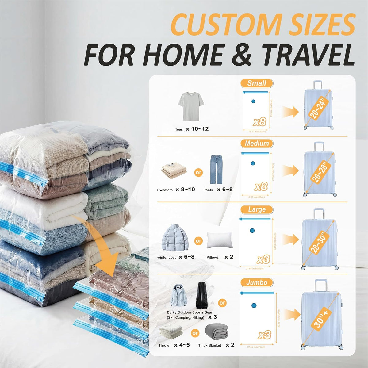 Travel Vacuum Storage Bags with Rechargeable Cordless USB Pump, 15 Combo