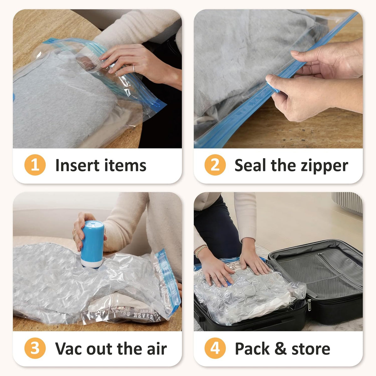 Travel Vacuum Storage Bags with Rechargeable Cordless USB Pump, 15 Combo