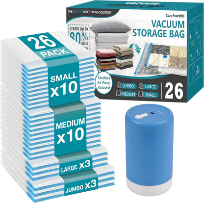 Travel Vacuum Storage Bags with Rechargeable Cordless USB Pump, 15 Combo