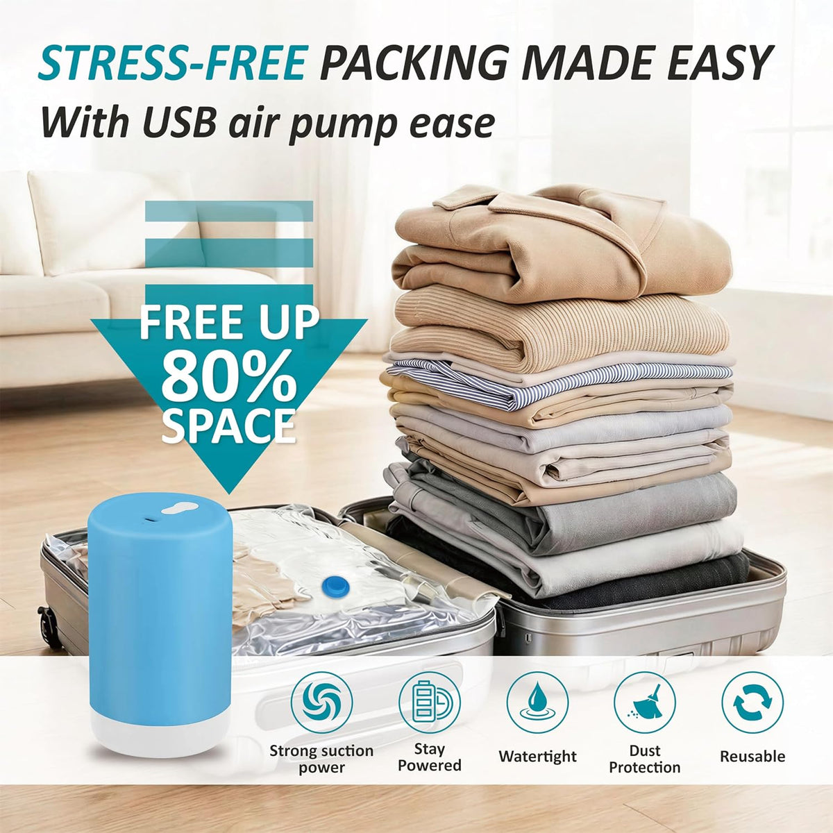 Travel Vacuum Storage Bags with Rechargeable Cordless USB Pump, 15 Combo
