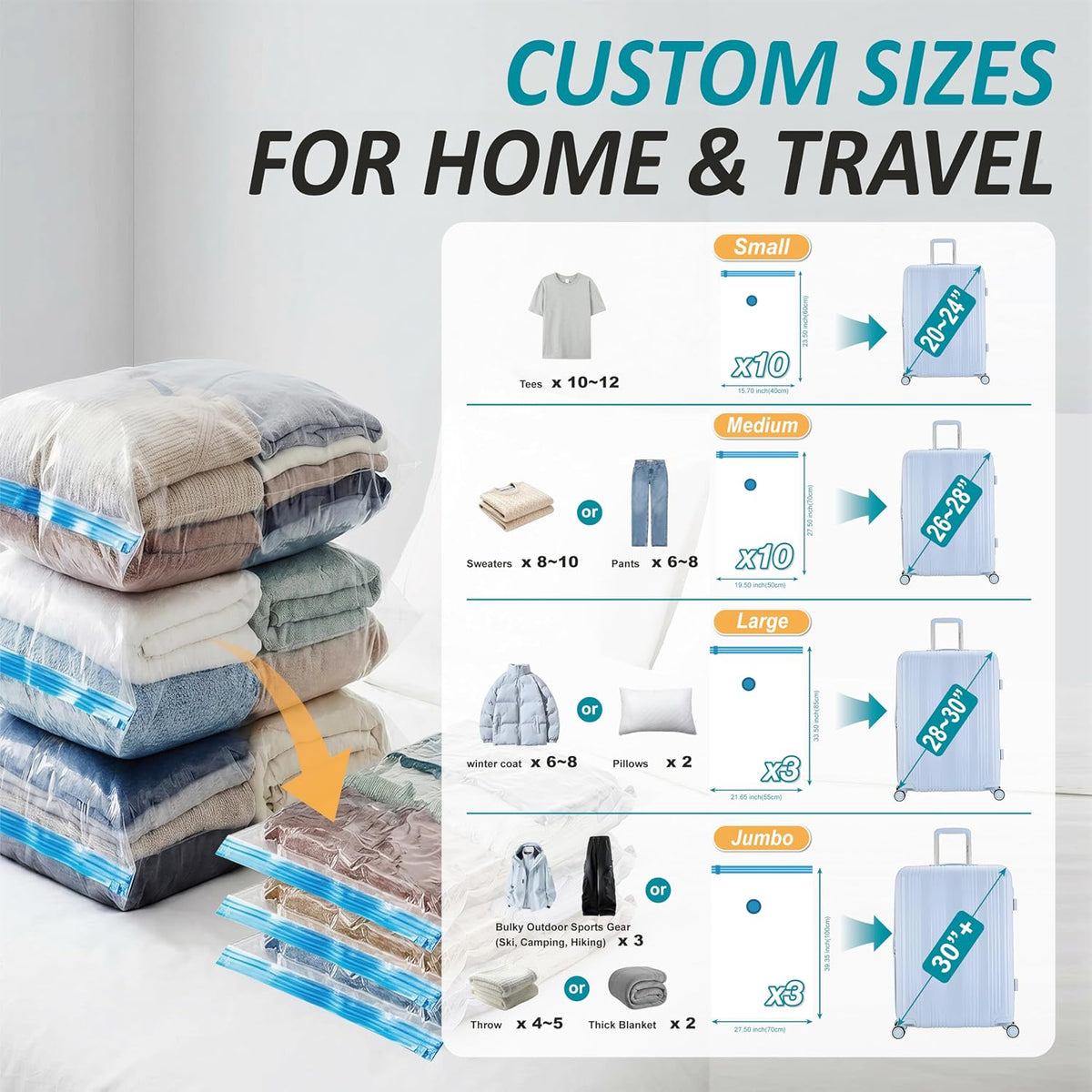 Travel Vacuum Storage Bags with Rechargeable Cordless USB Pump, 15 Combo