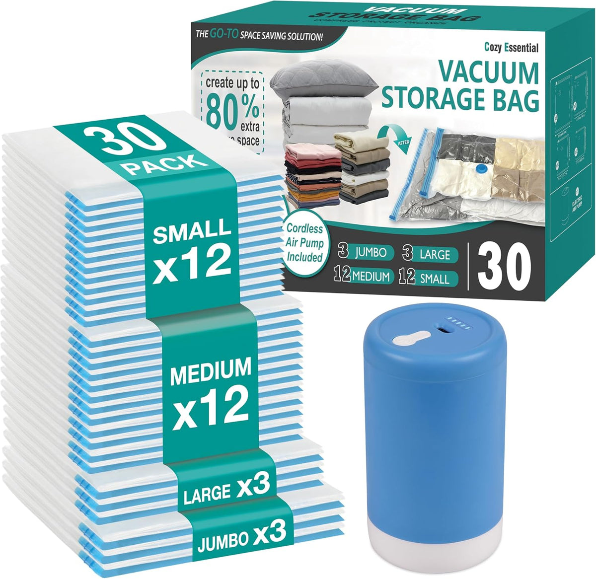 Travel Vacuum Storage Bags with Rechargeable Cordless USB Pump, 15 Combo