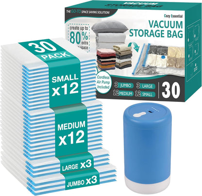 Travel Vacuum Storage Bags with Rechargeable Cordless USB Pump, 15 Combo