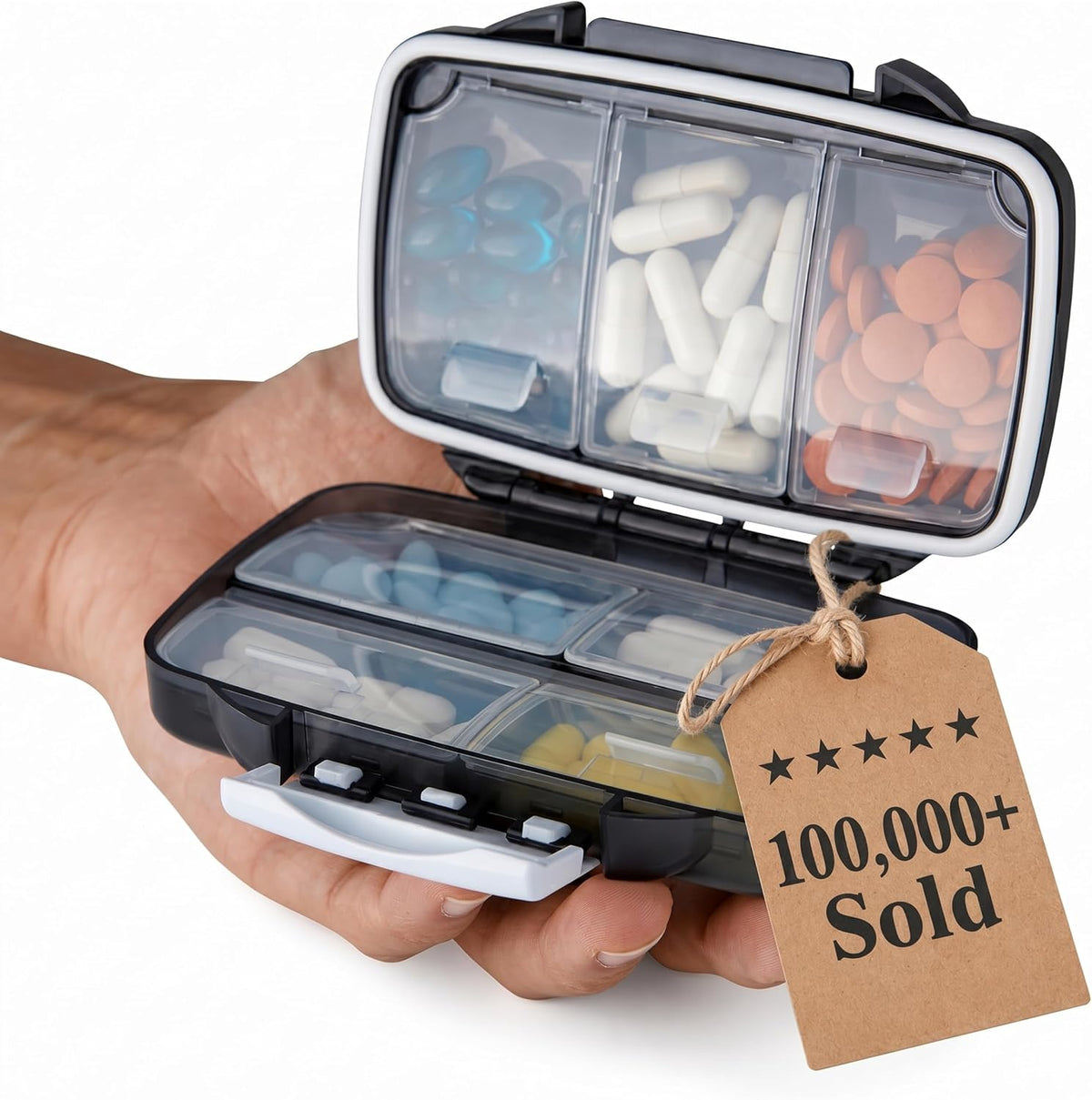 Travel Pill Organizer - Moisture Proof Portable Vitamin Holder with 7 Compartments, Compact Supplement Case for Purse Essential Medicine Kit fot Traveling Pocket Pharmacy with Labels, Black