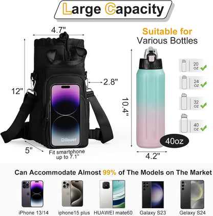 32-40 oz Crossbody Water Bottle Carrier Bag with Phone Pocket, Black