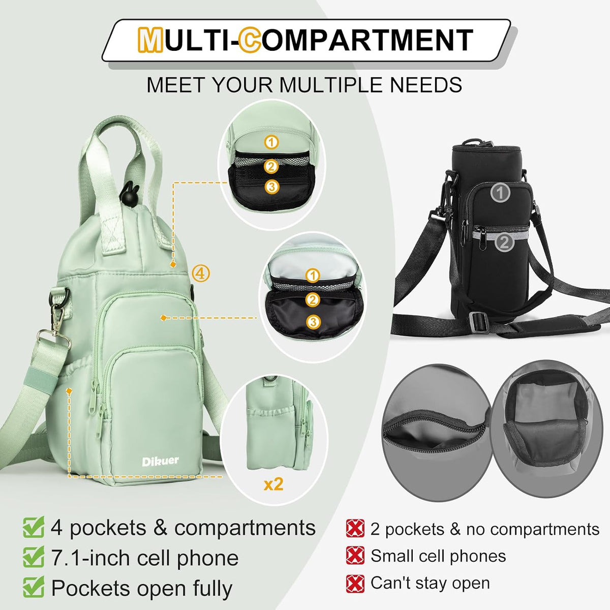 32-40 oz Crossbody Water Bottle Carrier Bag with Phone Pocket, Black