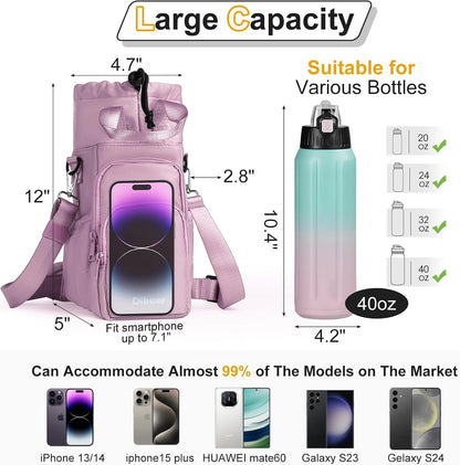 32-40 oz Crossbody Water Bottle Carrier Bag with Phone Pocket, Black