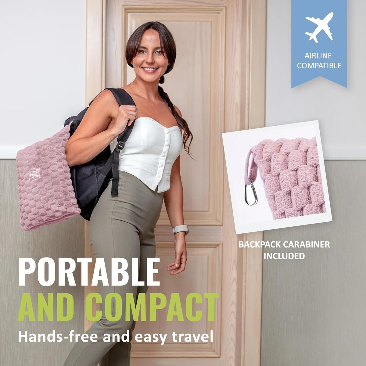 Packable Travel Blanket for Airplane, Car - Compact Office Blanket - Portable Pillow for Adults, Kids with Case, Luggage Sleeve, Backpack Clip