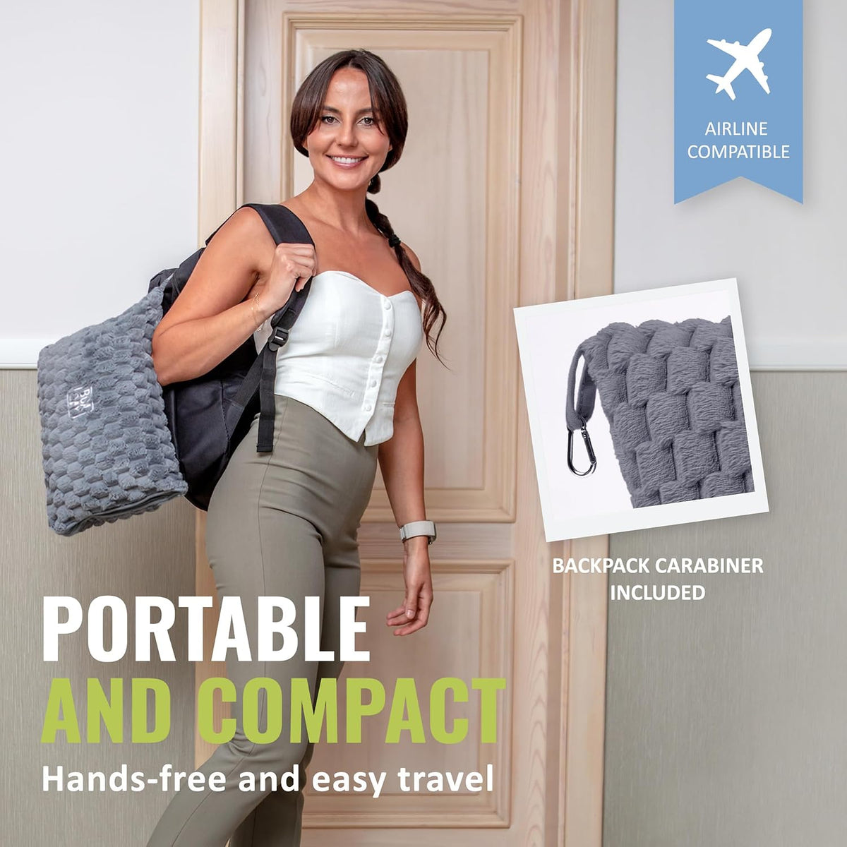 Packable Travel Blanket for Airplane, Car - Compact Office Blanket - Portable Pillow for Adults, Kids with Case, Luggage Sleeve, Backpack Clip