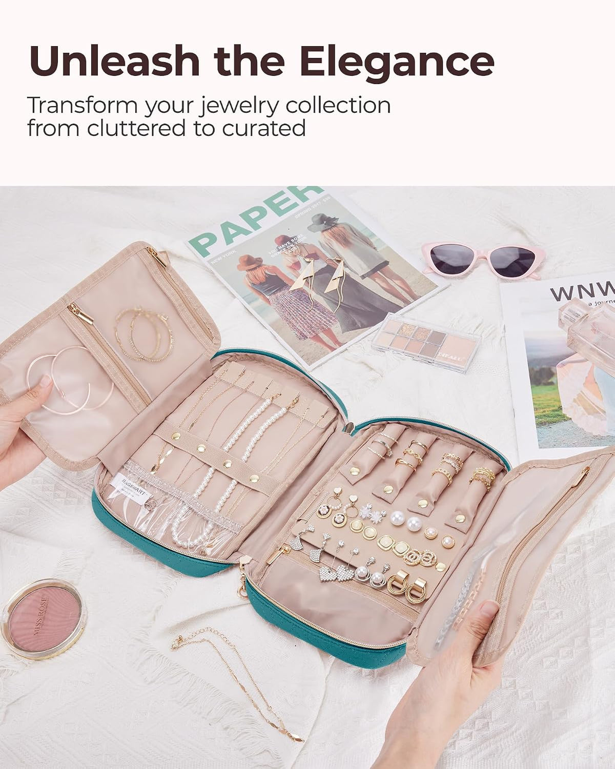 Jewelry Organizer Case Large Travel Jewelry Storage Bag for Necklace, Earrings, Rings, Bracelet, Soft Pink