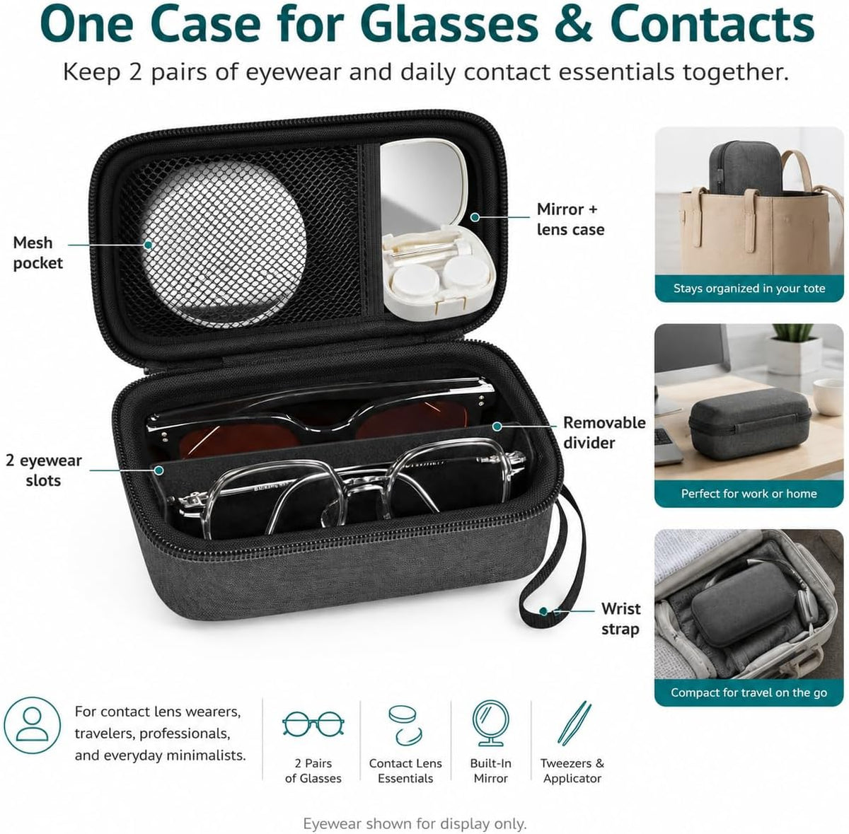 Portable 2 in 1 Contact Lens Case and Glasses Case for 2 Pairs