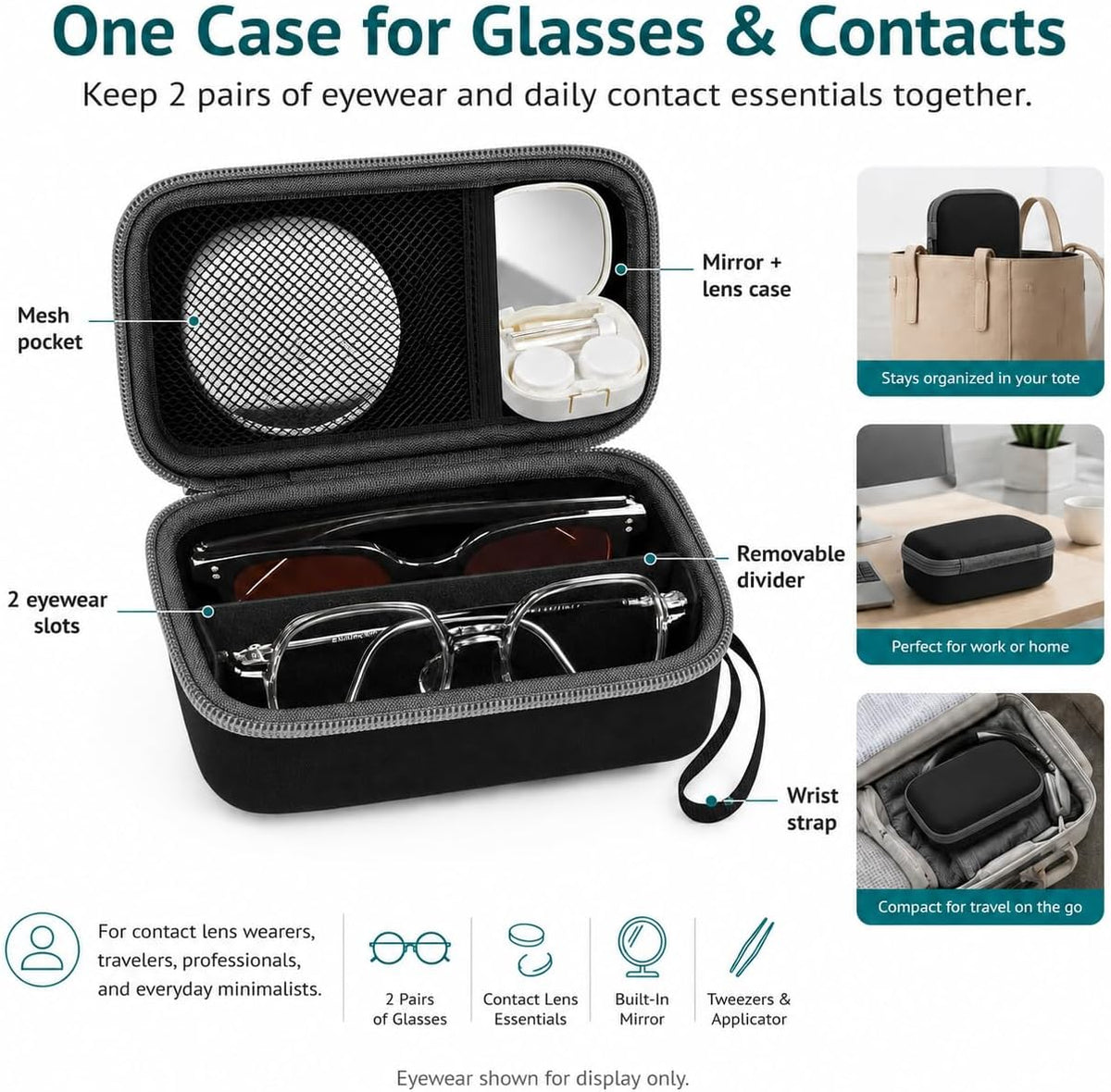 Portable 2 in 1 Contact Lens Case and Glasses Case for 2 Pairs