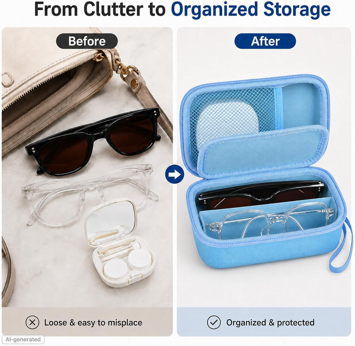 Portable 2 in 1 Contact Lens Case and Glasses Case for 2 Pairs