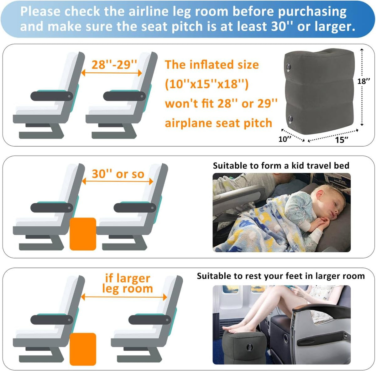 Inflatable Airplane Foot Rest Pillow Travel Car Seat Gray 2 Pack