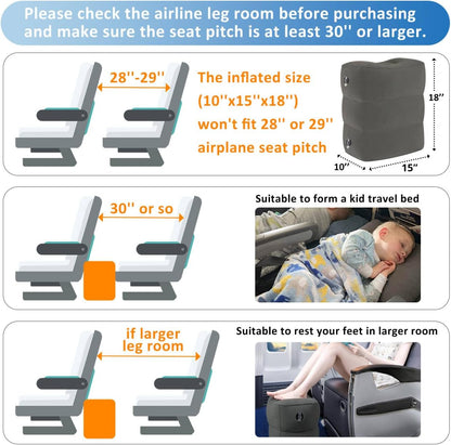 Inflatable Airplane Foot Rest Pillow Travel Car Seat Gray 2 Pack