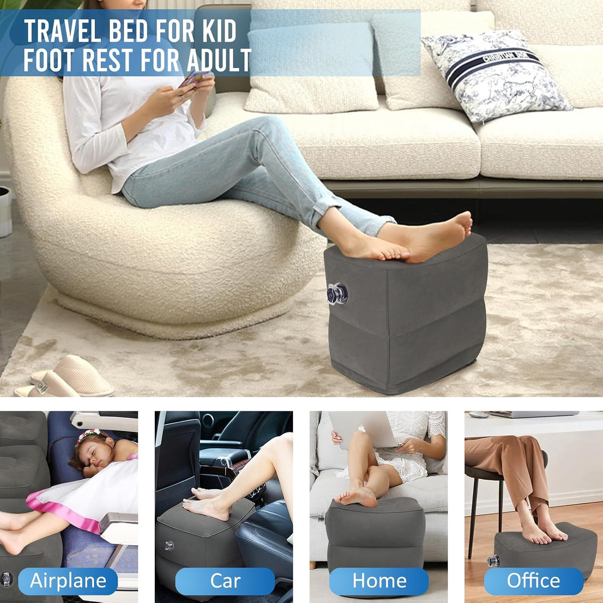 Inflatable Airplane Foot Rest Pillow Travel Car Seat Gray 2 Pack