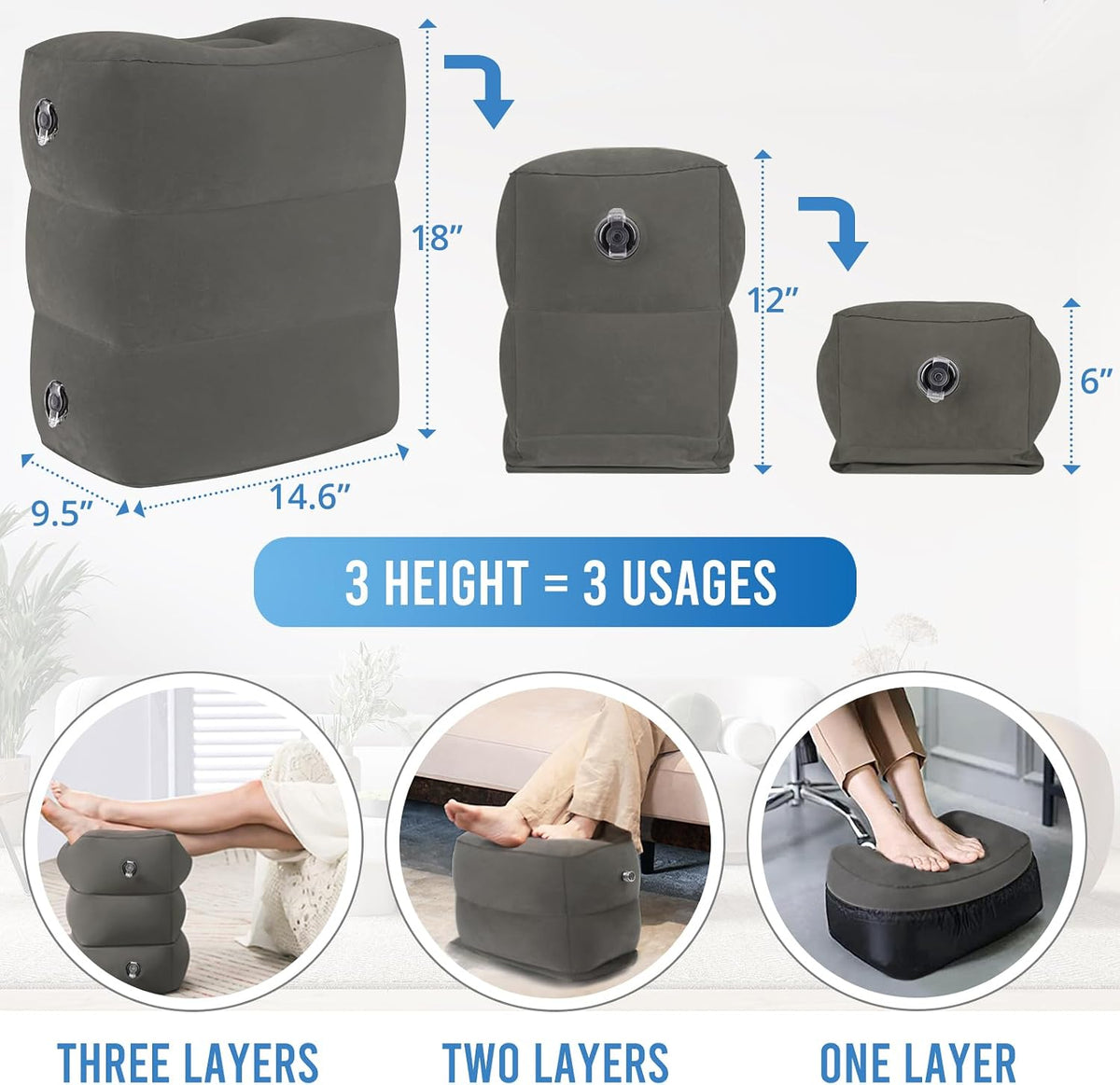 Inflatable Airplane Foot Rest Pillow Travel Car Seat Gray 2 Pack