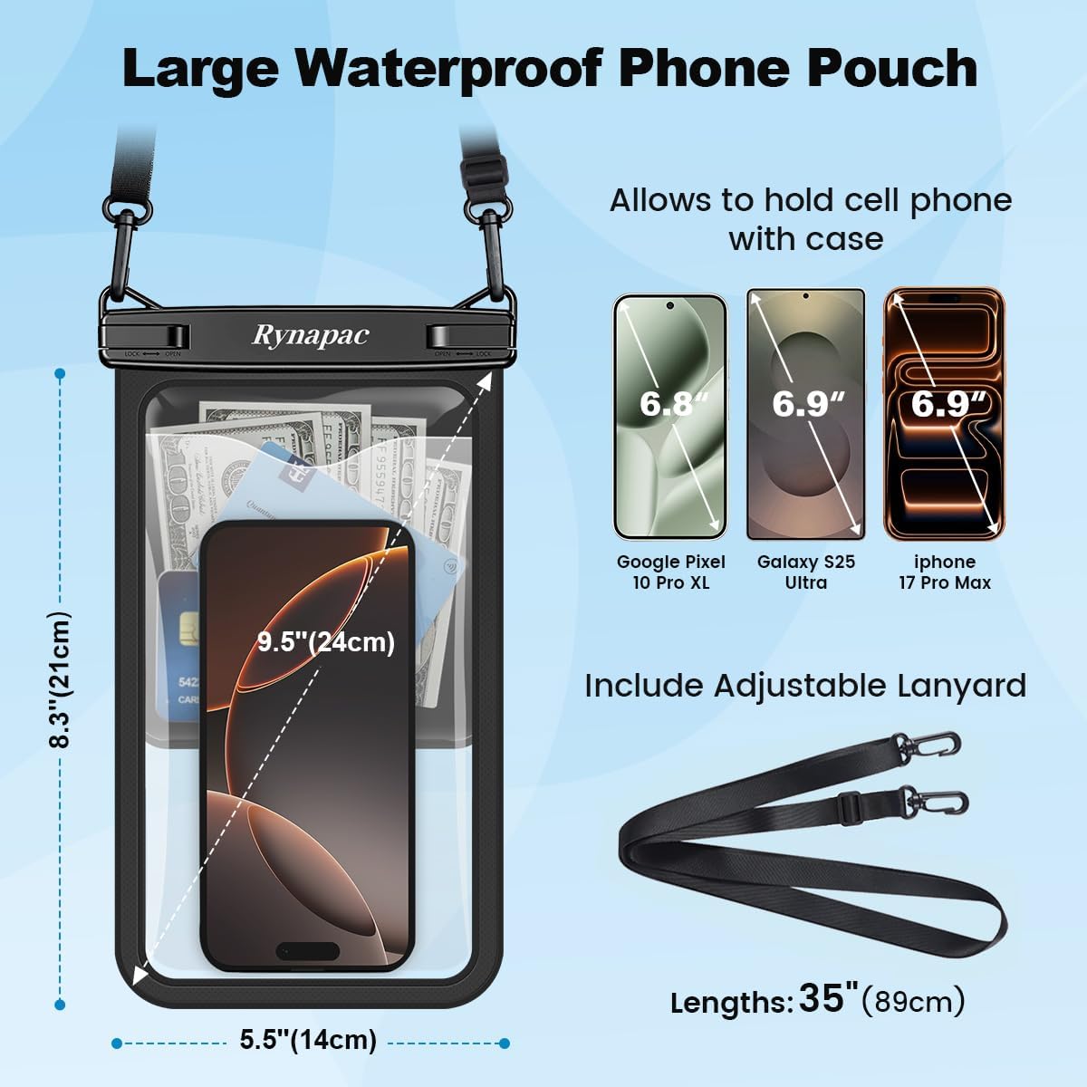 Large Waterproof Phone Pouch Up to 10", 2 Pack IPX8 Protector Pouch