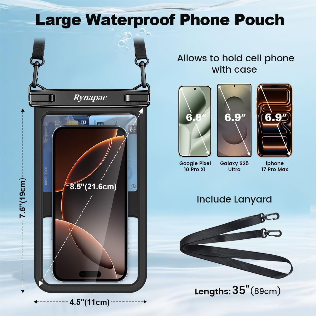 Large Waterproof Phone Pouch Up to 10", 2 Pack IPX8 Protector Pouch