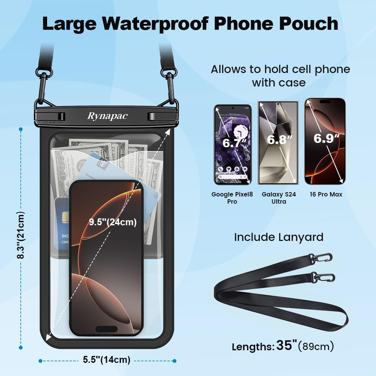 Large Waterproof Phone Pouch Up to 10", 2 Pack IPX8 Protector Pouch