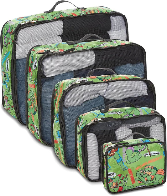 Packing Cubes - Leonardo, Raphael, Donatello, Michelangelo - TMNT 5 Piece Travel Luggage Organizer Set for Kids Teens Adults