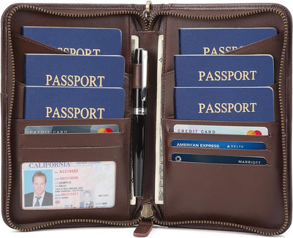 Polare Full Grain Leather Passport Holder Cover Case for Men and Women RFID Blocking Family Travel Wallet Holds 6 Passports (Coffee)