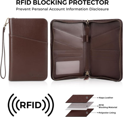 Polare Full Grain Leather Passport Holder Cover Case for Men and Women RFID Blocking Family Travel Wallet Holds 6 Passports (Coffee)