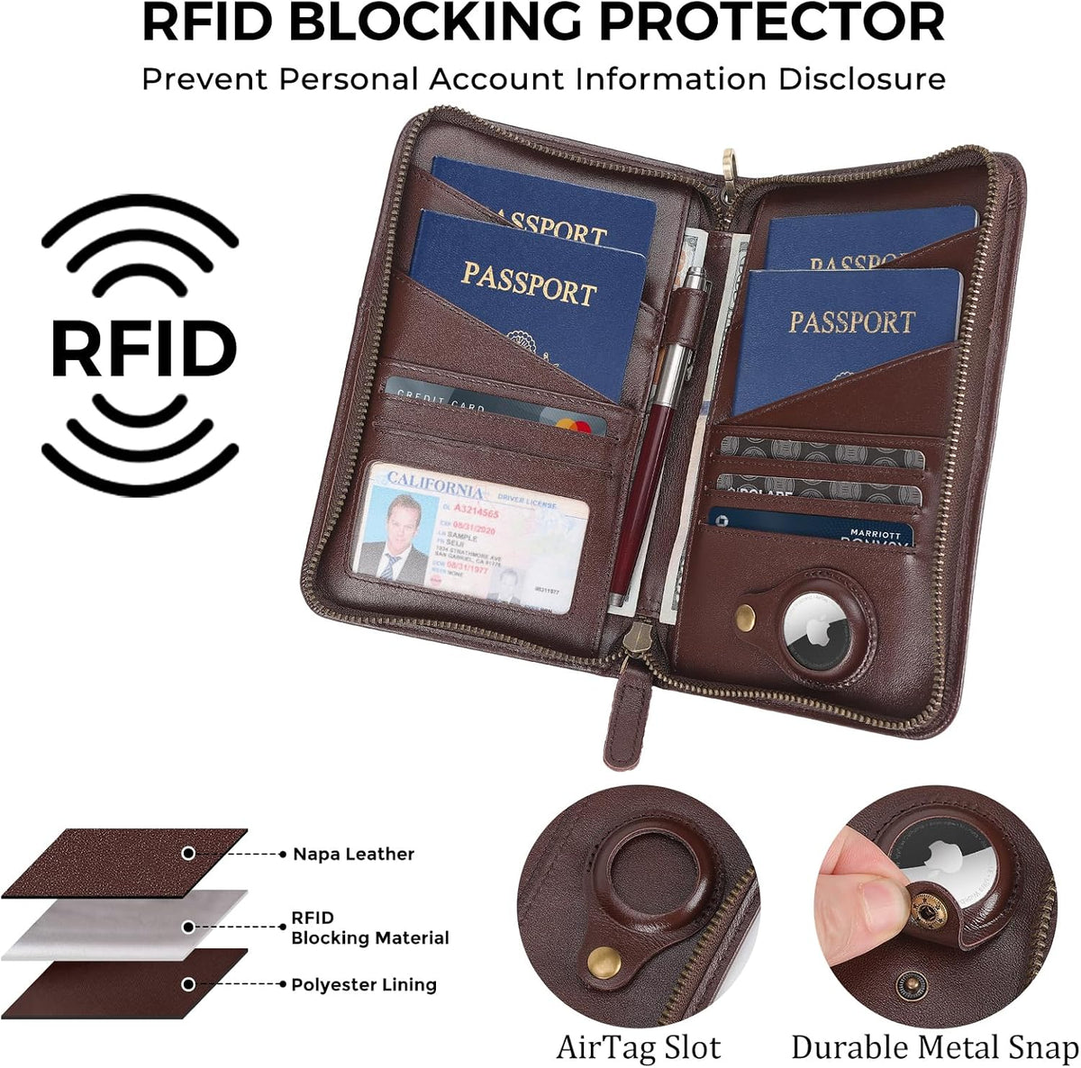 Polare Full Grain Leather Passport Holder Cover Case for Men and Women RFID Blocking Family Travel Wallet Holds 6 Passports (Coffee)