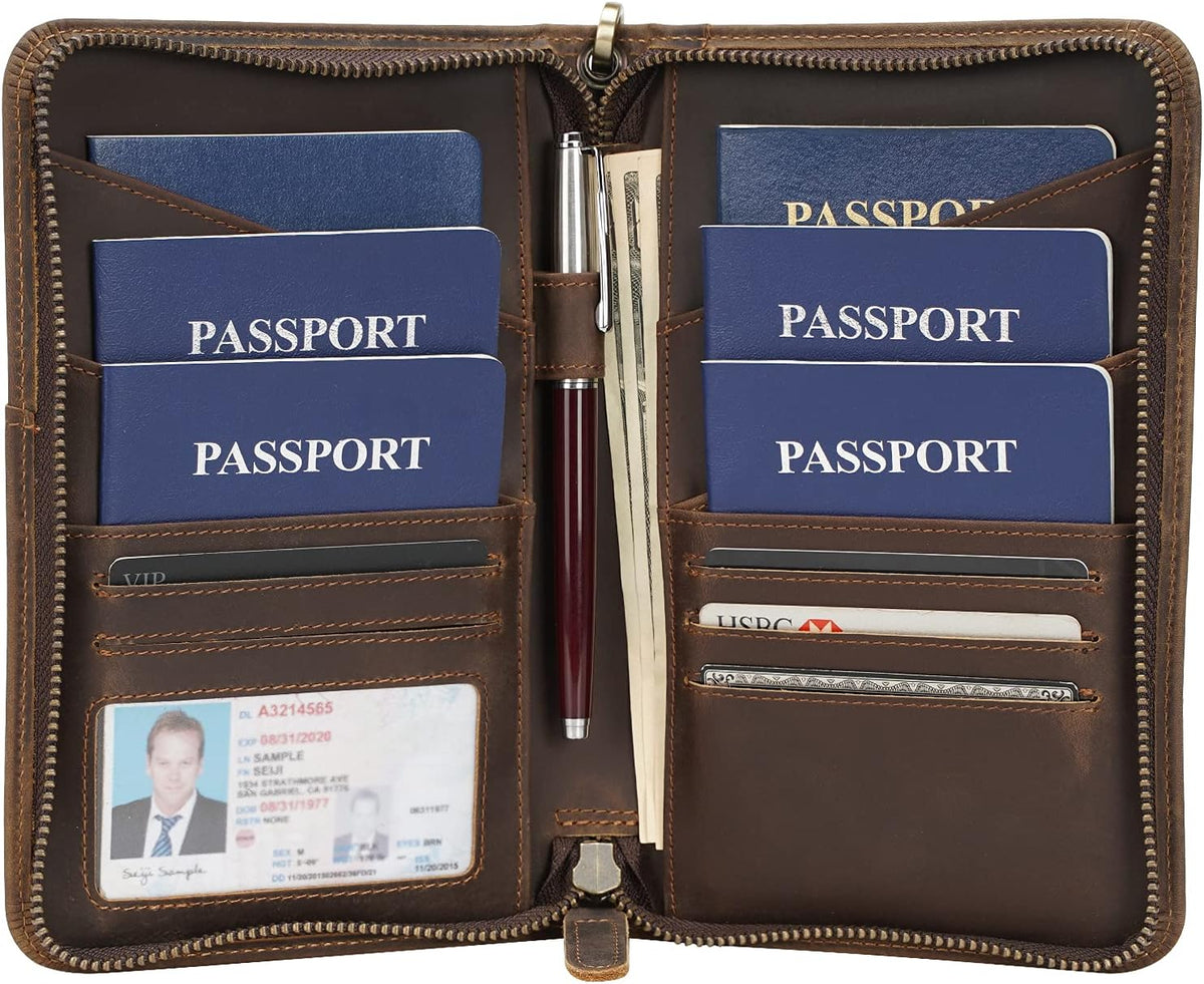 Polare Full Grain Leather Passport Holder Cover Case for Men and Women RFID Blocking Family Travel Wallet Holds 6 Passports (Coffee)