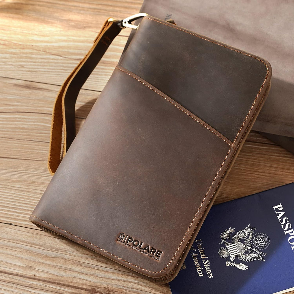 Polare Full Grain Leather Passport Holder Cover Case for Men and Women RFID Blocking Family Travel Wallet Holds 6 Passports (Coffee)