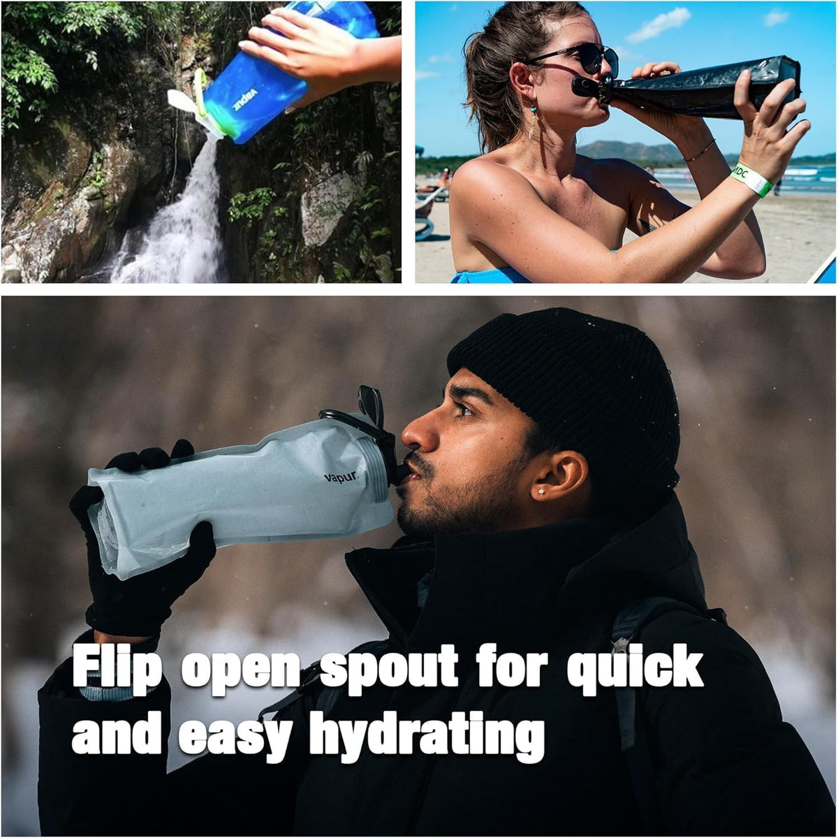 Collapsible Water Bottle with Carabiner - 16oz (0.5L), Cool Grey - Flexible, Lightweight Water Bottle for Travel, Concert, Hiking, and Outdoor Adventures - BPA-Free, Dishwasher-Safe, Freezable