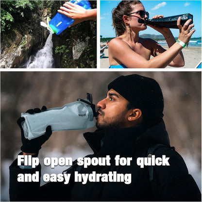 Collapsible Water Bottle with Carabiner - 16oz (0.5L), Cool Grey - Flexible, Lightweight Water Bottle for Travel, Concert, Hiking, and Outdoor Adventures - BPA-Free, Dishwasher-Safe, Freezable