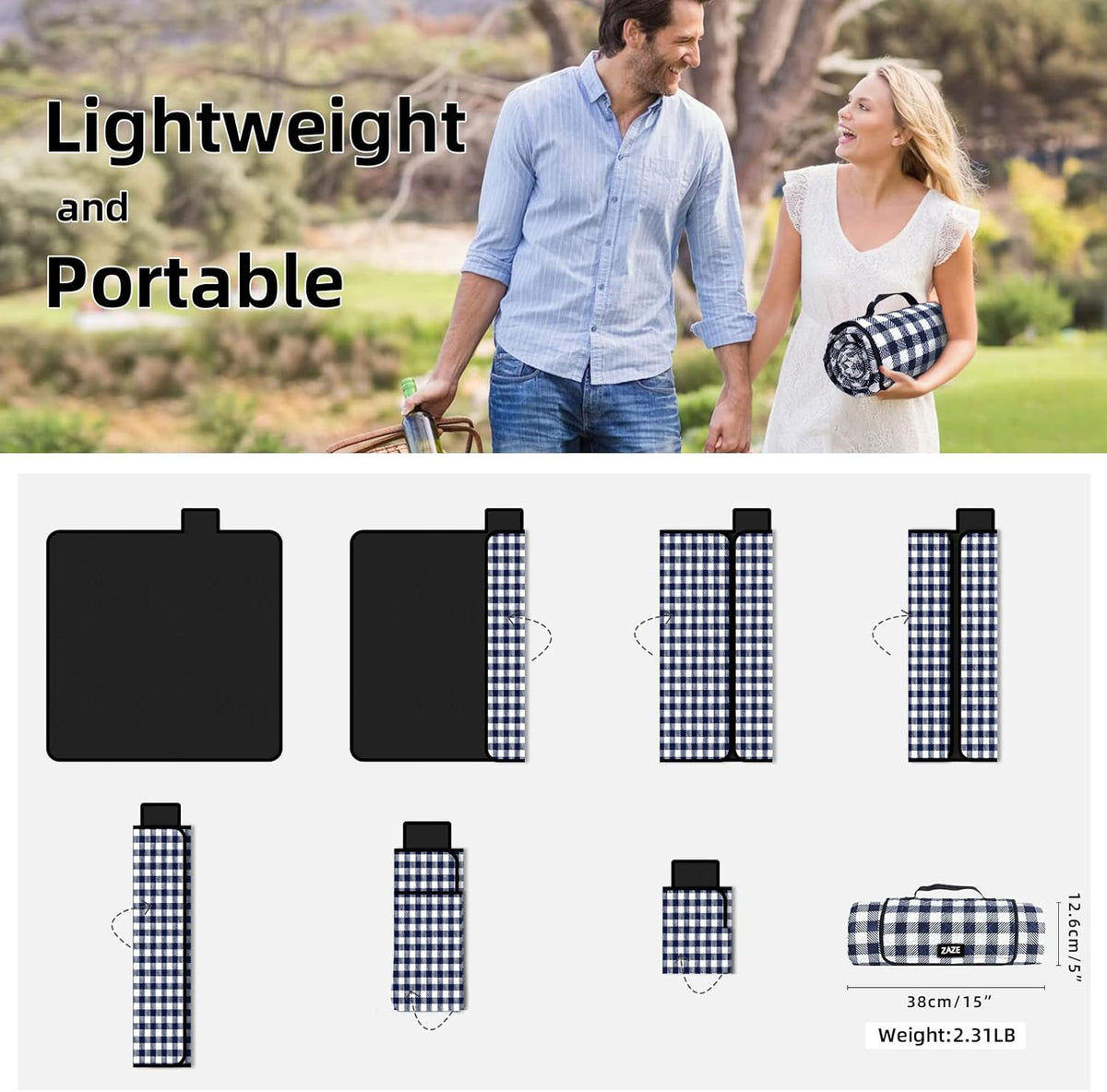 ZAZE Extra Large Picnic Outdoor Blanket, 80''x80'' Waterproof Foldable Blankets Gingham Picnic Mat for Beach, Camping Grass Lawn Park Accessories Cute Couple Gifts Ideas Wedding Registry(Green White)