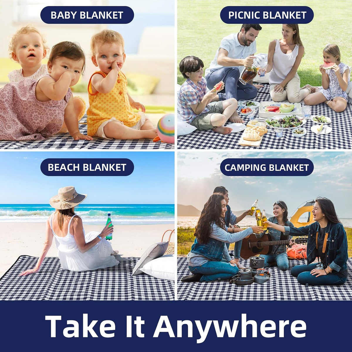ZAZE Extra Large Picnic Outdoor Blanket, 80''x80'' Waterproof Foldable Blankets Gingham Picnic Mat for Beach, Camping Grass Lawn Park Accessories Cute Couple Gifts Ideas Wedding Registry(Green White)