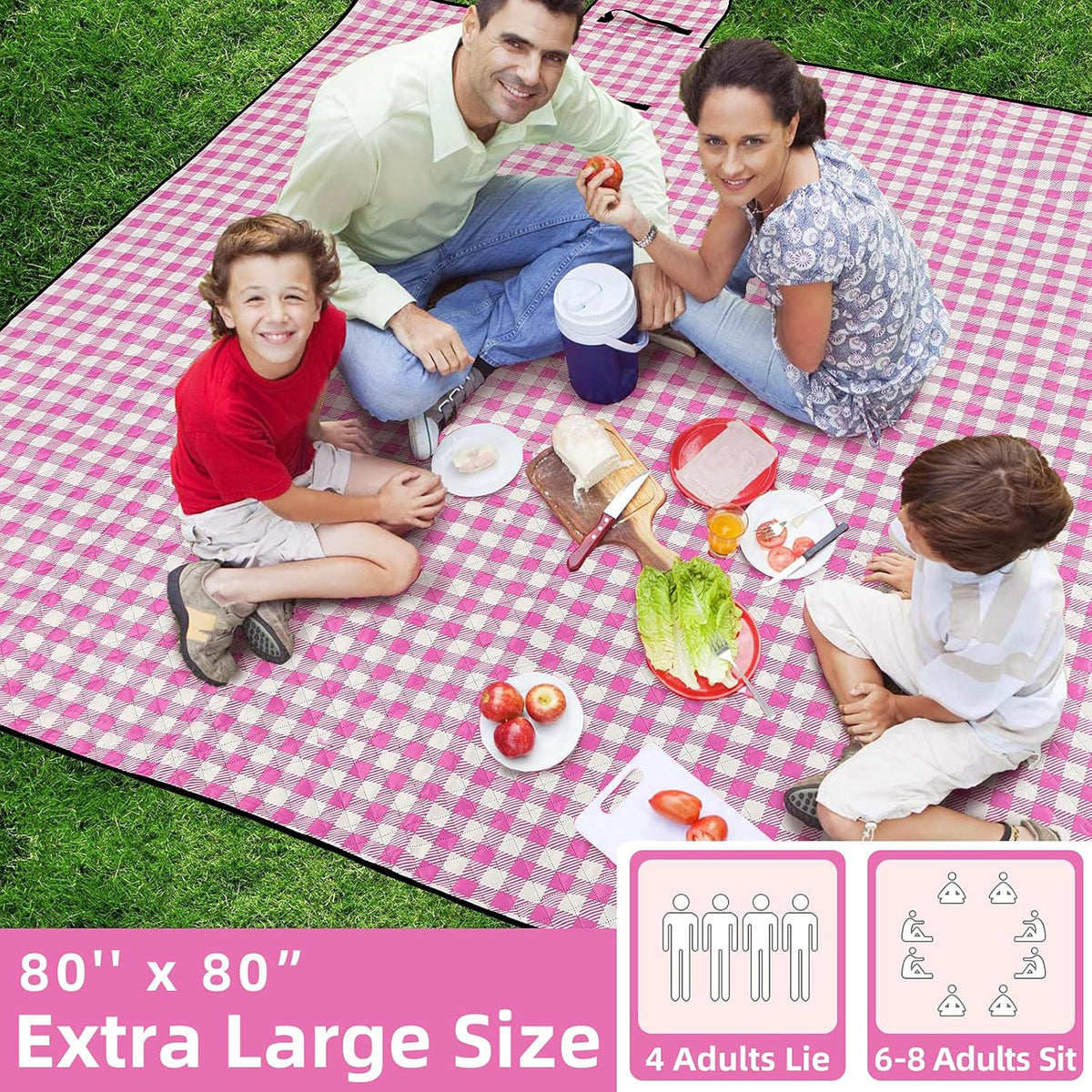 ZAZE Extra Large Picnic Outdoor Blanket, 80''x80'' Waterproof Foldable Blankets Gingham Picnic Mat for Beach, Camping Grass Lawn Park Accessories Cute Couple Gifts Ideas Wedding Registry(Green White)