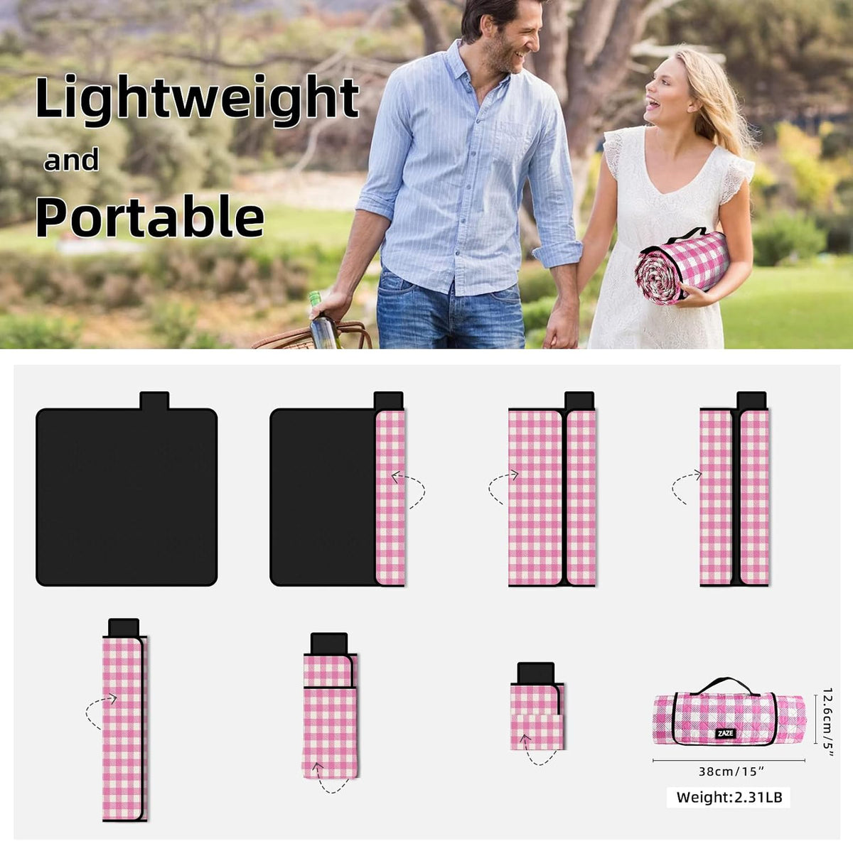 ZAZE Extra Large Picnic Outdoor Blanket, 80''x80'' Waterproof Foldable Blankets Gingham Picnic Mat for Beach, Camping Grass Lawn Park Accessories Cute Couple Gifts Ideas Wedding Registry(Green White)