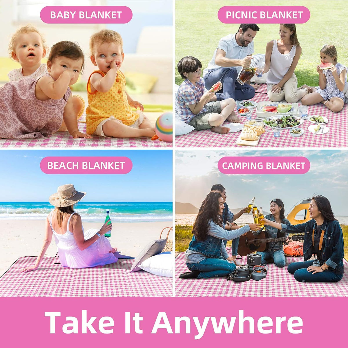 ZAZE Extra Large Picnic Outdoor Blanket, 80''x80'' Waterproof Foldable Blankets Gingham Picnic Mat for Beach, Camping Grass Lawn Park Accessories Cute Couple Gifts Ideas Wedding Registry(Green White)