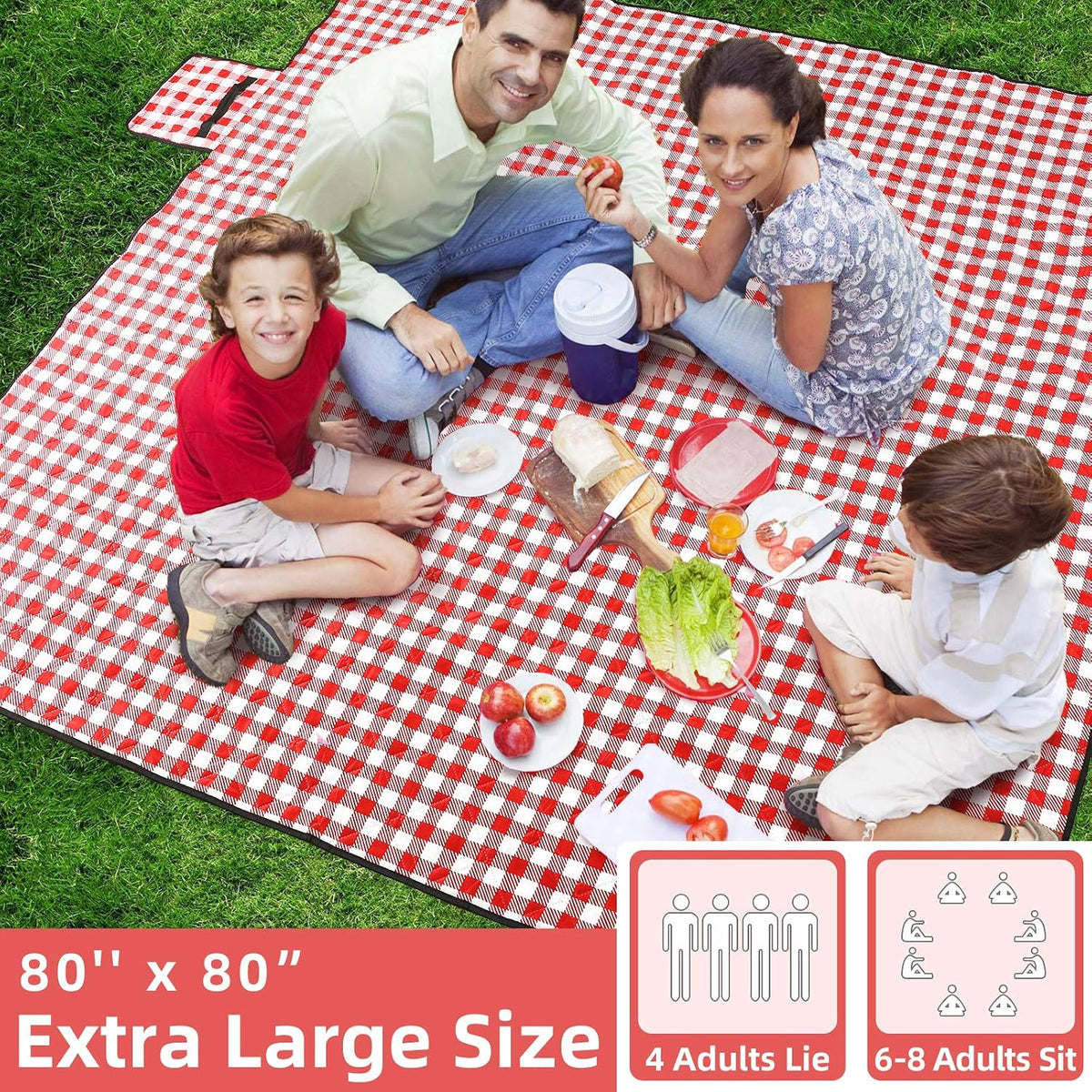 ZAZE Extra Large Picnic Outdoor Blanket, 80''x80'' Waterproof Foldable Blankets Gingham Picnic Mat for Beach, Camping Grass Lawn Park Accessories Cute Couple Gifts Ideas Wedding Registry(Green White)