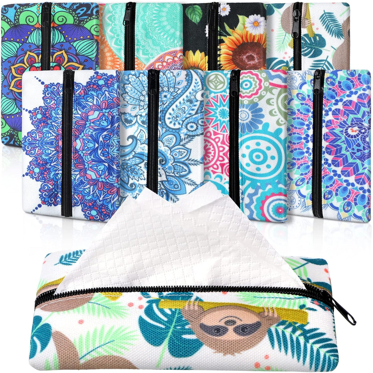 8 Pieces Purse Tissue Holder Reusable Travel Tissue Pouch Fabric Zipper Purse for Bag Car Office Home(Floral)
