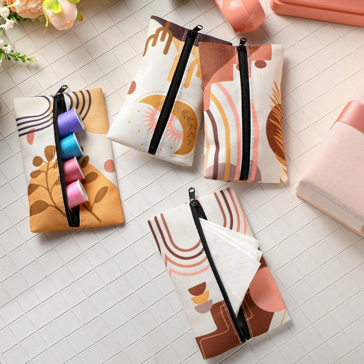 8 Pieces Purse Tissue Holder Reusable Travel Tissue Pouch Fabric Zipper Purse for Bag Car Office Home(Floral)