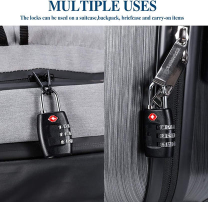 TSA Luggage Locks (4Pack) - 3 Digit Combination Padlocks - Approved Travel Lock for Suitcases & Baggage (Black)