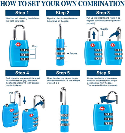 TSA Luggage Locks (4Pack) - 3 Digit Combination Padlocks - Approved Travel Lock for Suitcases & Baggage (Black)
