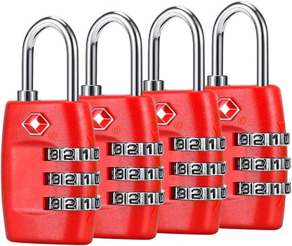 TSA Luggage Locks (4Pack) - 3 Digit Combination Padlocks - Approved Travel Lock for Suitcases & Baggage (Black)