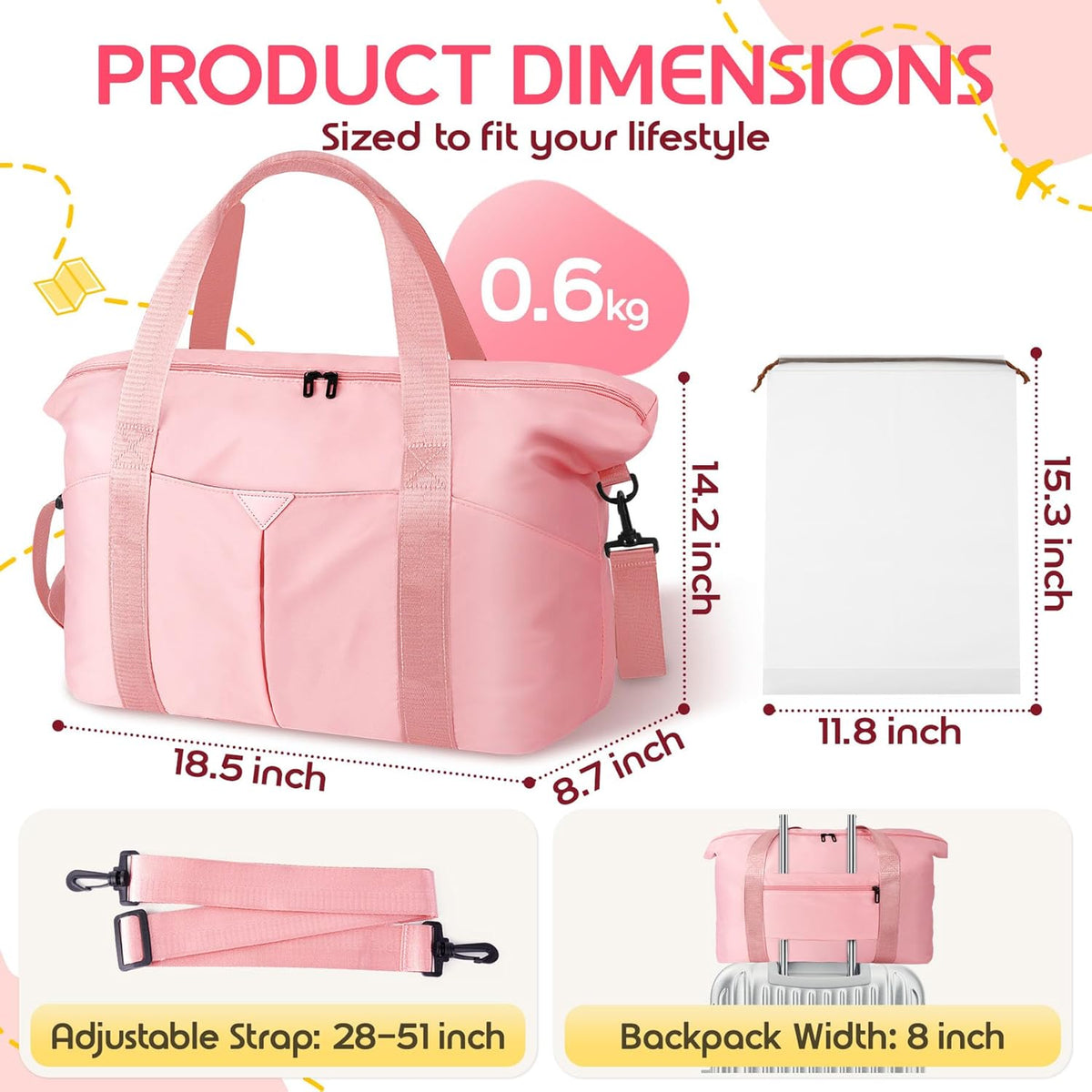 Duffle Bag for Travel with Trolley Sleeve, Gym Bag, Pink