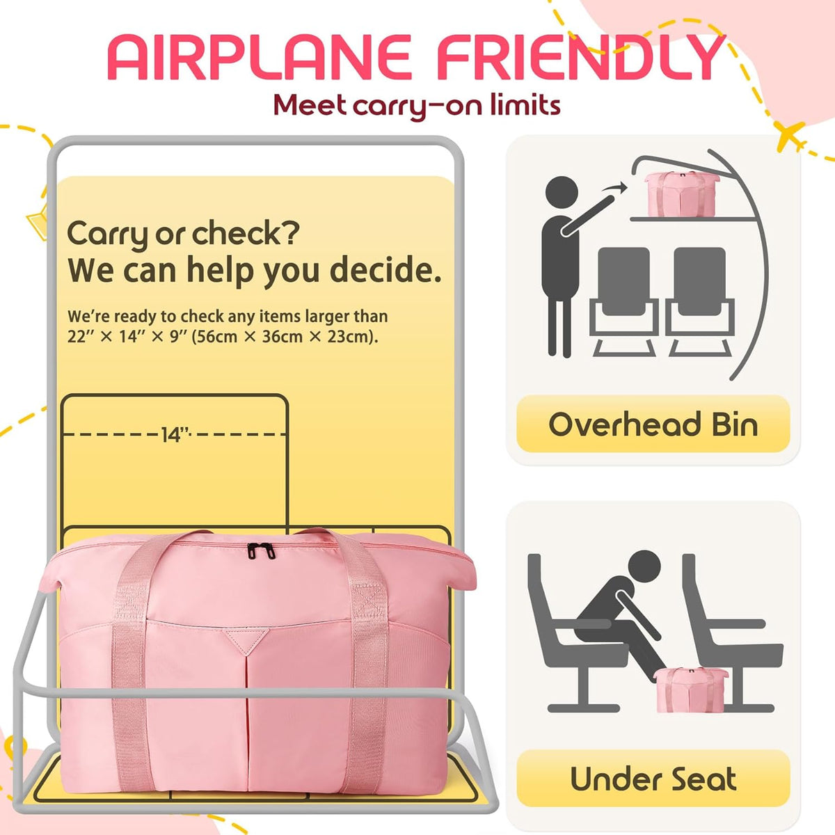 Duffle Bag for Travel with Trolley Sleeve, Gym Bag, Pink