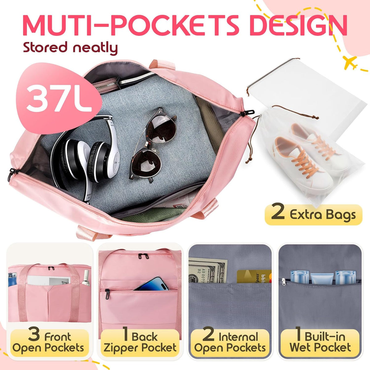 Duffle Bag for Travel with Trolley Sleeve, Gym Bag, Pink
