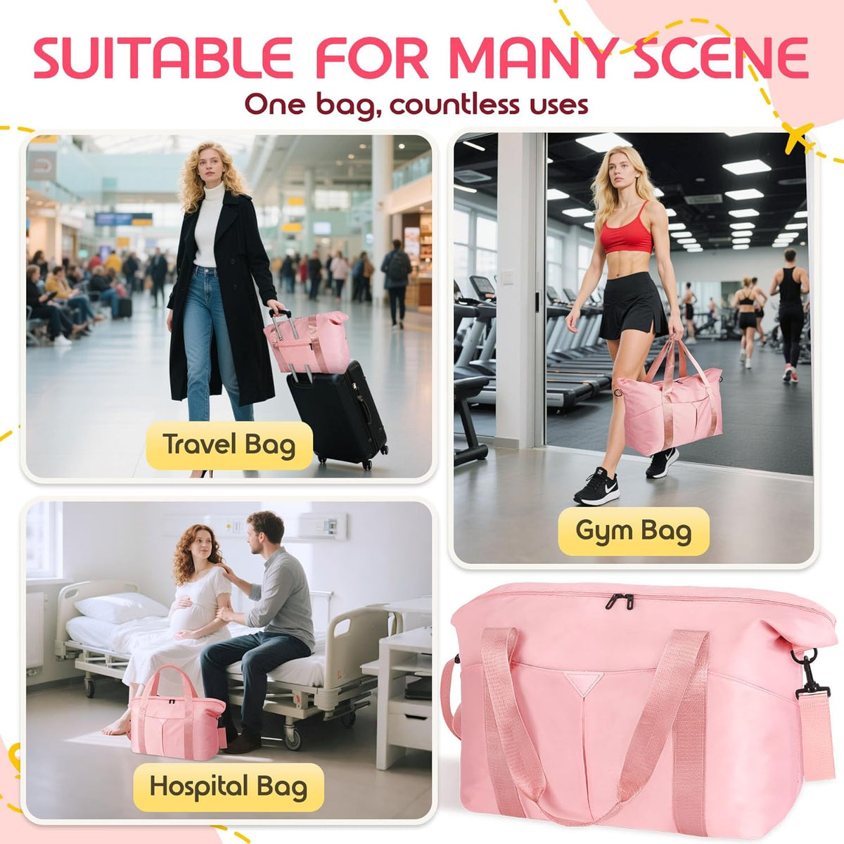 Duffle Bag for Travel with Trolley Sleeve, Gym Bag, Pink